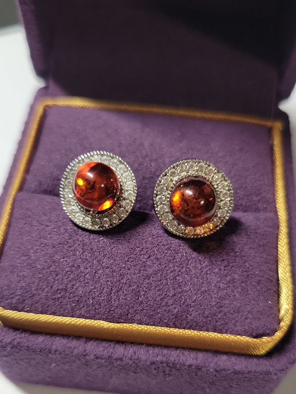 Amber Cabochon Halo Stud Earrings - Brown Amber Center 925